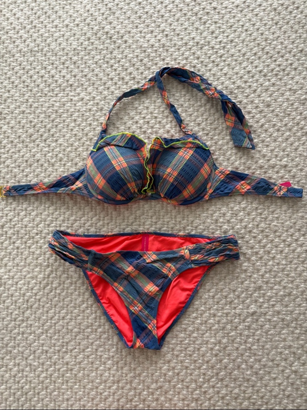 Victoria Secret Plaid Push-Up Bikini Set in Navy and Coral S/32C
